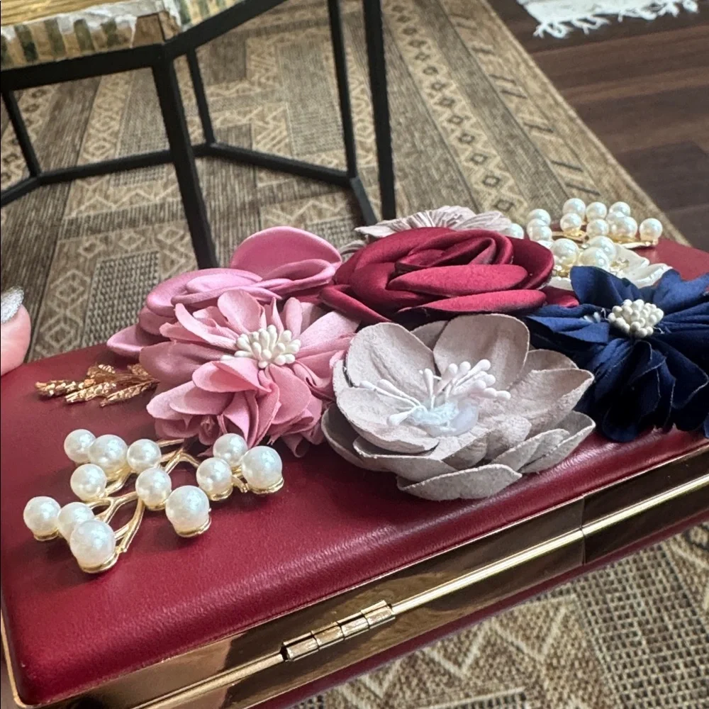 Floral & Pearl Red Evening Clutch Rhinestone Closure